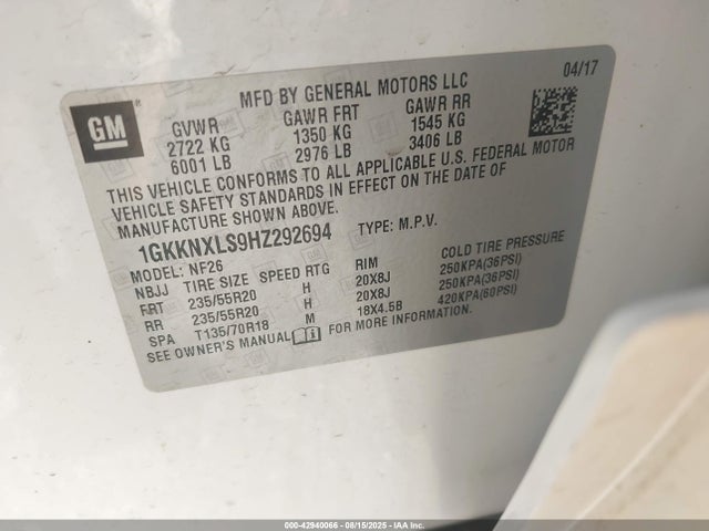 Aukcja sprzedaży 2017 Gmc Acadia Denali, vin: 1GKKNXLS9HZ292694, numer aukcji: 42940066