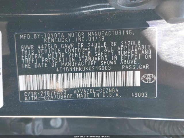4T1B11HK0KU216603 Toyota a25a-fks