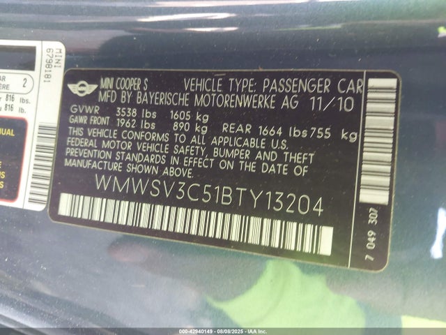 2011 MINI COOPER S WMWSV3C51BTY13204 Photo 8