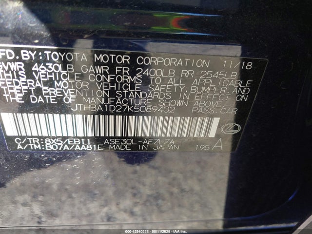 Lexus 8ar-fts 2019 JTHBA1D27K5089402 Image 9