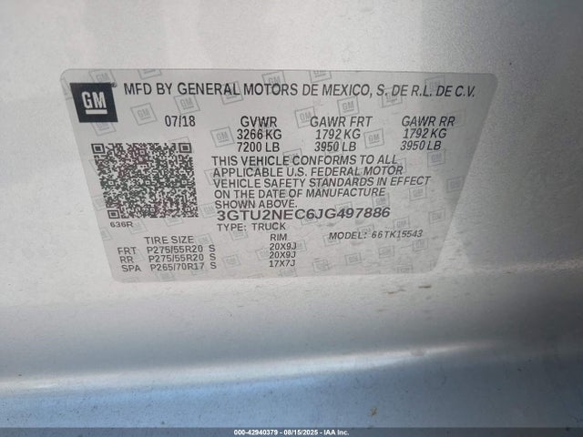 42940379 :رقم المزاد ، 3GTU2NEC6JG497886 vin ، 2018 Gmc Sierra 1500 Slt مزاد بيع