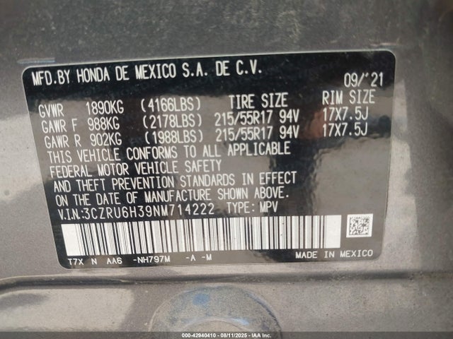 3CZRU6H39NM714222 Honda r18z9