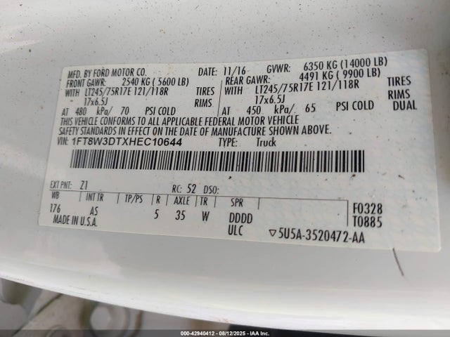 Aukcja sprzedaży 2017 Ford F-350 Xl, vin: 1FT8W3DTXHEC10644, numer aukcji: 42940412