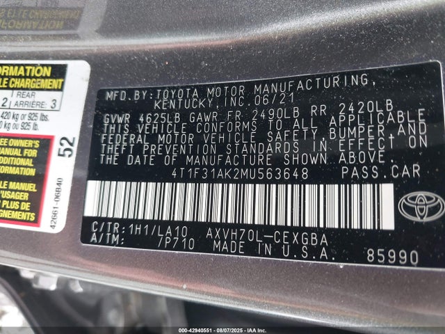 Toyota a25a-fxs 2021 4T1F31AK2MU563648 Image 9