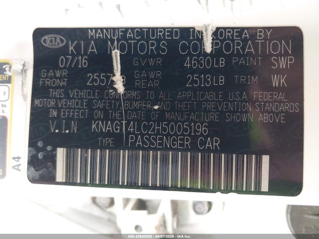 KNAGT4LC2H5005196 KIA Optima