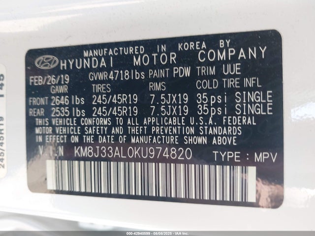 KM8J33AL0KU974820 Hyundai gdi theta ii