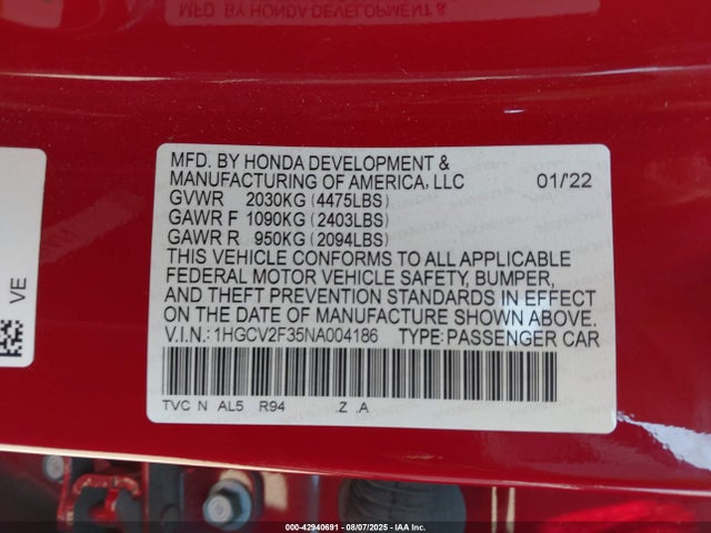 Honda k20c4 2022 1HGCV2F35NA004186 Image 9