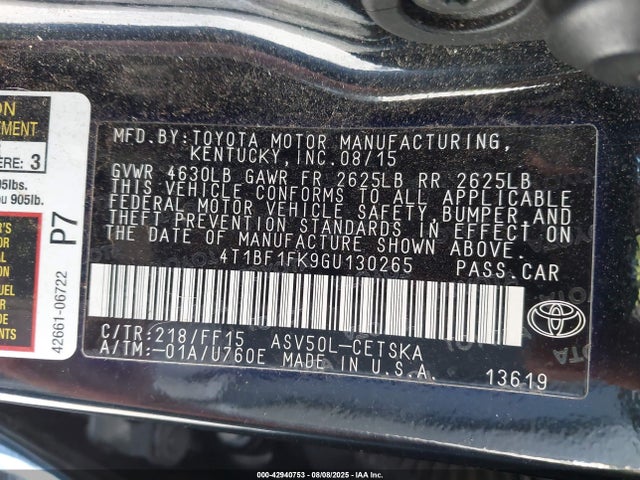 Toyota 2ar-fe 2016 4T1BF1FK9GU130265 Image 9