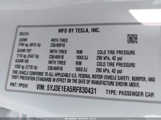 5YJ3E1EA5RF830431 Tesla 2024