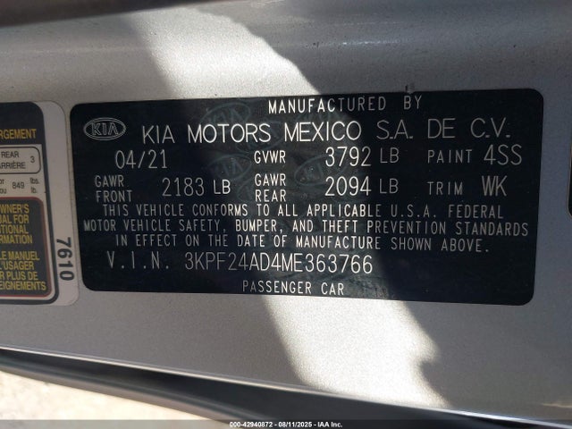 3KPF24AD4ME363766 KIA mpi nu