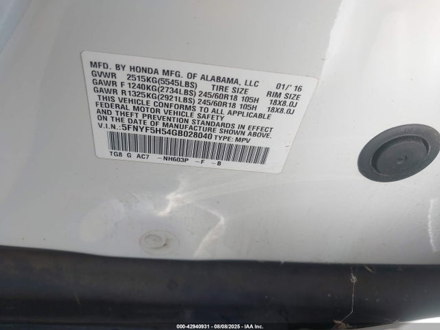 Honda j35y6 2016 5FNYF5H54GB028040 Image 9