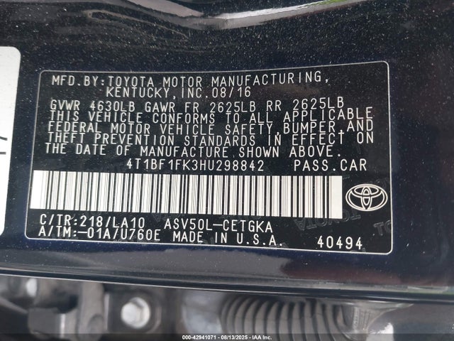 4T1BF1FK3HU298842 Toyota 2ar-fe