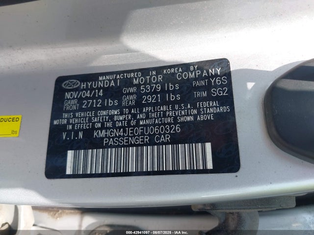 KMHGN4JE0FU060326 Hyundai gasoline 3.8 dohc mpi lambda