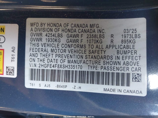 Honda lfc3 2025 2HGFE4F8XSH335170 Image 9