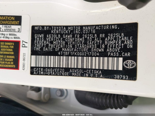 Toyota 2ar-fe 2016 4T1BF1FK0GU217004 Image 9