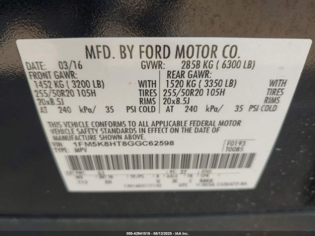 2016 FORD EXPLORER 1FM5K8HT8GGC62598 Photo 8
