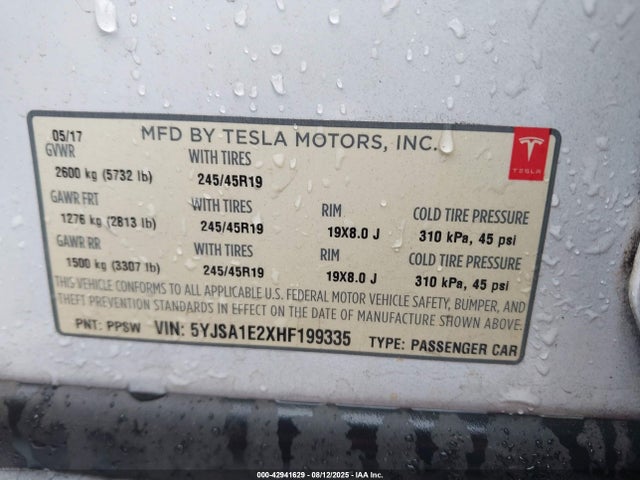 Tesla MODEL S 2017 5YJSA1E2XHF199335 Image 9