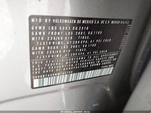 3VV8B7AX5NM102739 Volkswagen Tiguan