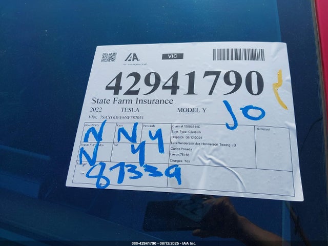 7SAYGDEE6NF387031 Tesla Model Y