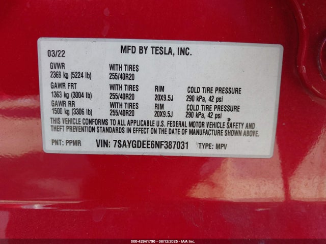 7SAYGDEE6NF387031 Tesla Model Y