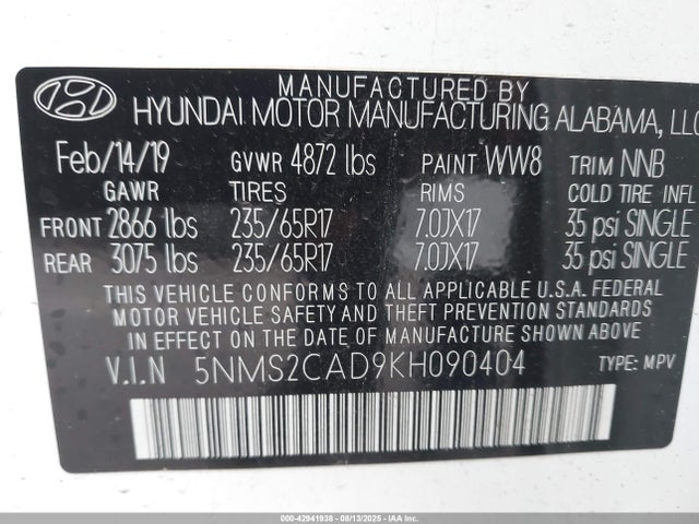 Hyundai gdi theta ii 2019 5NMS2CAD9KH090404 Image 9