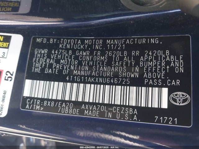 4T1G11AKXNU646725 Toyota a25a-fks