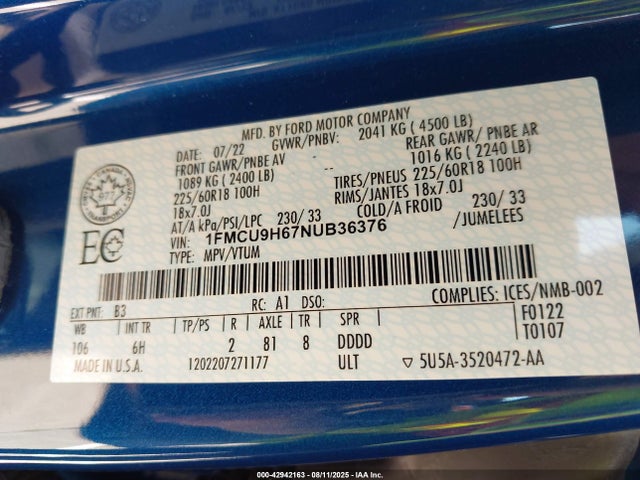 1FMCU9H67NUB36376 Ford dragon di tc