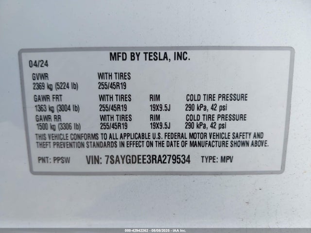 2024 TESLA MODEL Y 7SAYGDEE3RA279534 Photo 8
