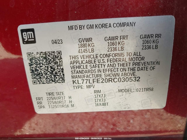 Продажа на аукционе авто 2024 Chevrolet Trax Fwd Sp, vin: KL77LFE20RC030532, номер лота: 42942430