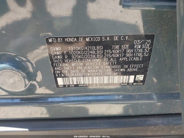 3CZRZ1H31SM753421 Honda k20z5
