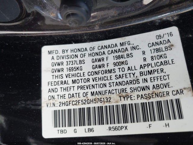 Honda k20c2 2016 2HGFC2F52GH576132 Image 9