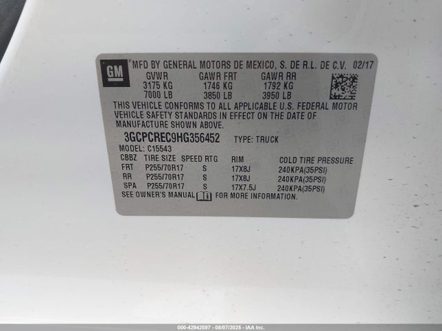 3GCPCREC9HG356452 Chevrolet l83 - sidi: spark ignited direct injection, vvt: variable valve timing, afm, e85 max, alum
