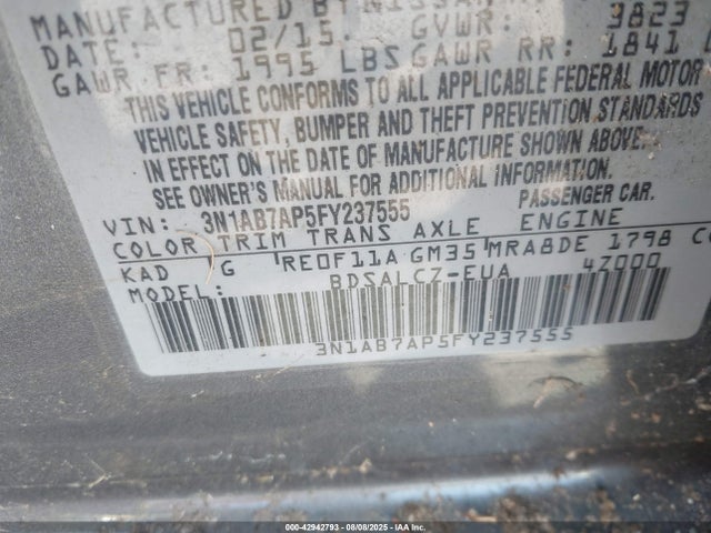 Aukcja sprzedaży 2015 Nissan Sentra Fe+ S/s/sl/sr/sv, vin: 3N1AB7AP5FY237555, numer aukcji: 42942793