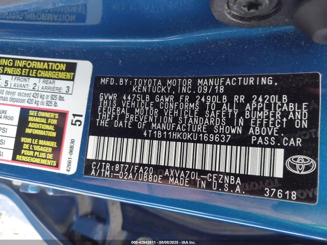 4T1B11HK0KU169637 Toyota a25a-fks
