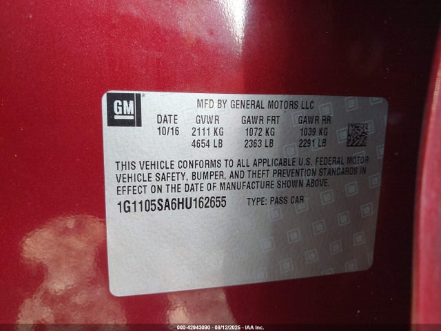 1G1105SA6HU162655 Chevrolet lcv -sidi: spark ignited direct injection, dcvcp, vvt: variable valve timing, e85 max, e0-e100, alum