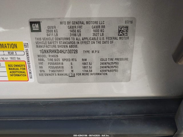 1GNKRHKD4HJ130728 Chevrolet llt - sidi: spark ignited direct injection, alum, 60 degrees