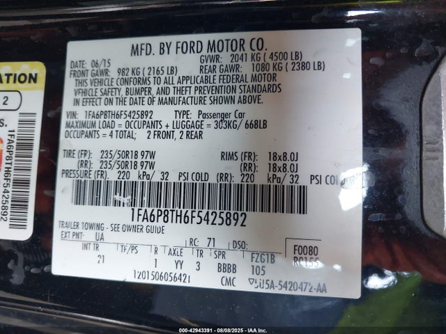 Ford Mustang 2015 1FA6P8TH6F5425892 Image 9