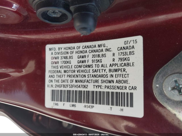 Honda r18z1 2015 2HGFB2F53FH547062 Image 9