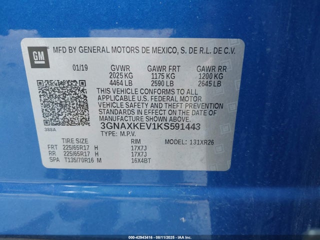 3GNAXKEV1KS591443 Chevrolet lyx - direct injection, vvt, fgt, turbo, alum, gen1