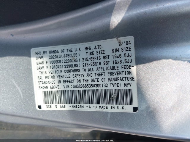 42943436 :رقم المزاد ، SHSRD68535U300132 vin ، 2005 Honda Cr-v Lx مزاد بيع