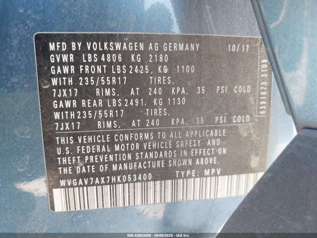 WVGAV7AX7HK053400 Volkswagen 2.0 tsi