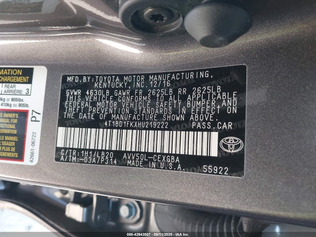 4T1BD1FKXHU219222 Toyota 2ar-fxe+2jm