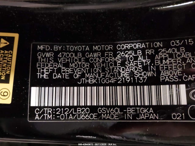 Lexus 2gr-fe 2015 JTHBK1GG4F2191137 Image 9