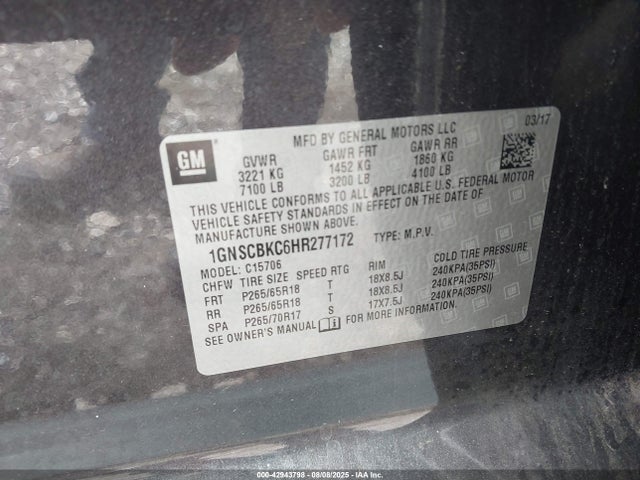 1GNSCBKC6HR277172 Chevrolet l83 - sidi: spark ignited direct injection, vvt: variable valve timing, afm, e85 max, alum