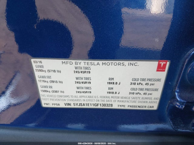 Tesla 3 phase a/c induction (single motor) 2016 5YJSA1E11GF130328 Image 9