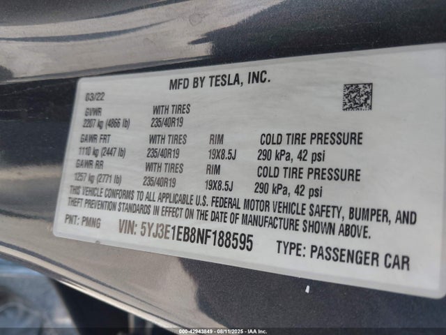 2022 TESLA MODEL 3 5YJ3E1EB8NF188595 Photo 8