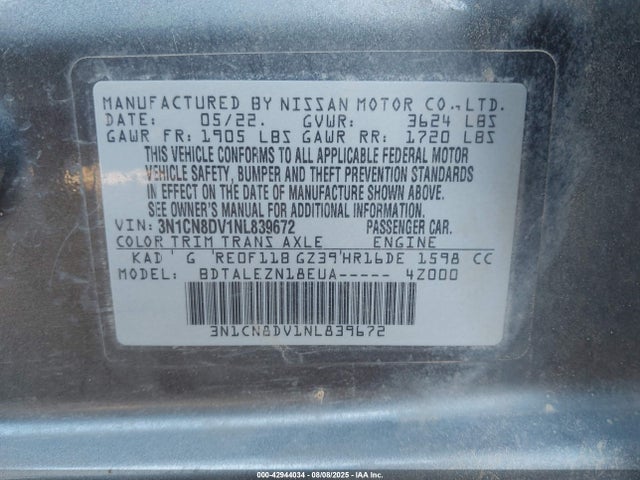 3N1CN8DV1NL839672 Nissan Versa
