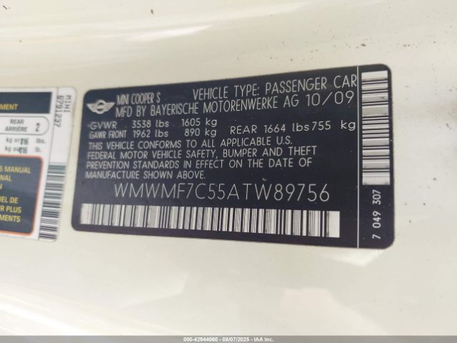 2010 MINI COOPER S WMWMF7C55ATW89756 Photo 8