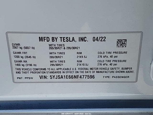 5YJSA1E66NF477596 Tesla 2022