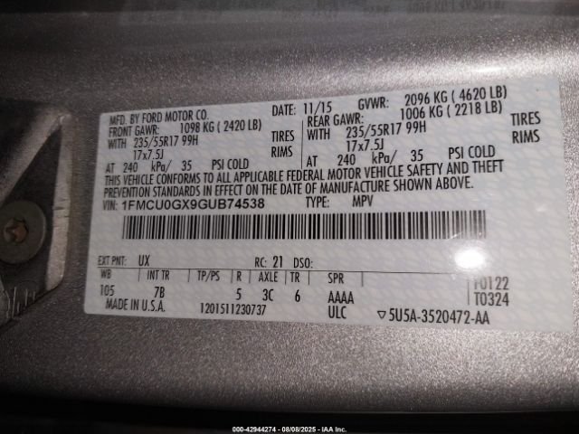 2016 FORD ESCAPE 1FMCU0GX9GUB74538 Photo 8